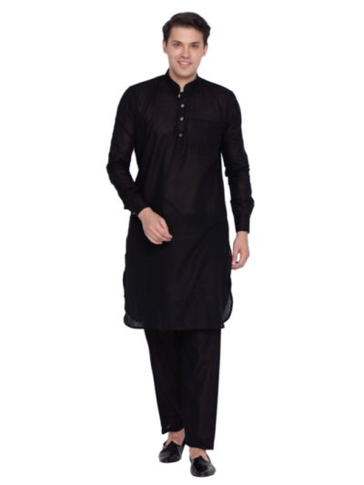 Men Black Linen Pathani Khan Suit Set