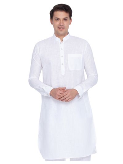 Men White Linen Pathani Style Kurta