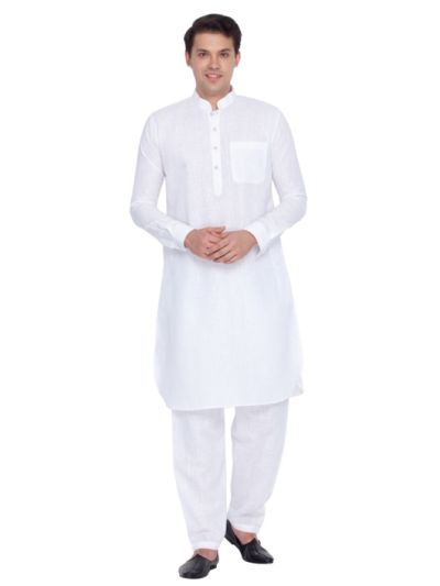 Men White Linen Pathani Khan Suit Set