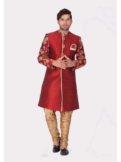 Men Maroon Silk Blend Sherwani Set