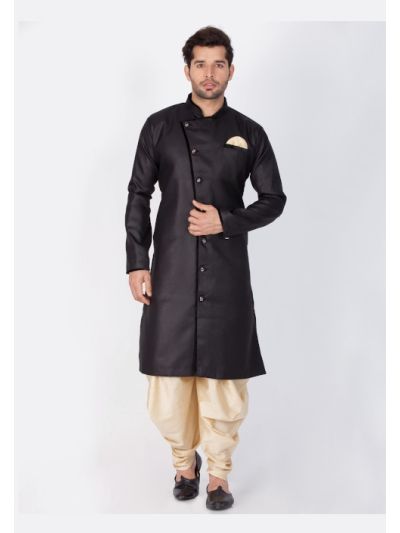 Men Black Cotton Blend Sherwani Style Kurta Set