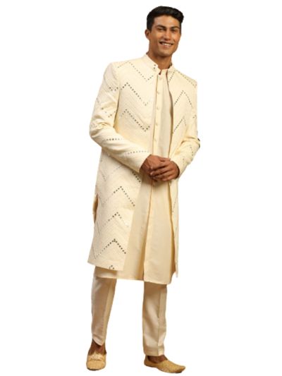 Men's Cream Viscose Sherwani Set