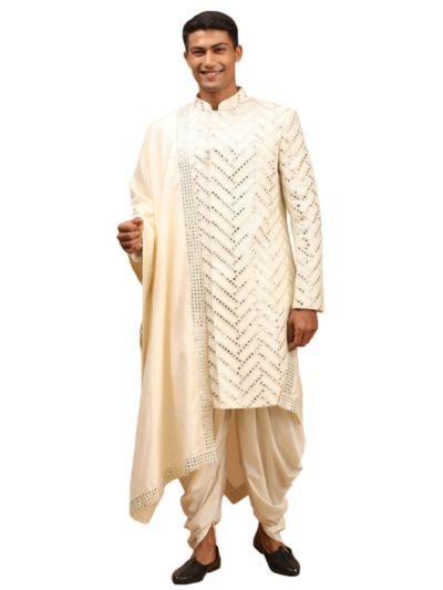 Men's Cream Silk Blend Sherwani Set With Dupatta