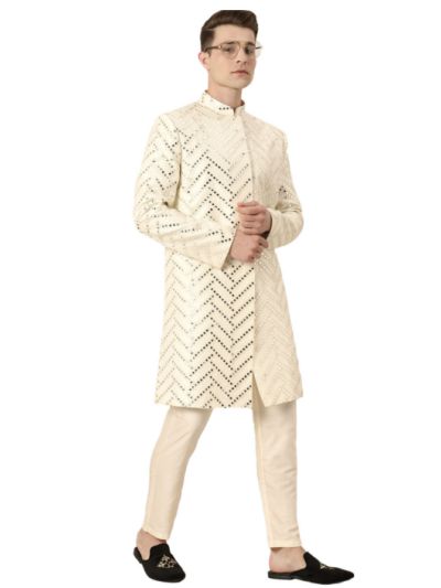 Men's Cream Silk Blend Sherwani Set