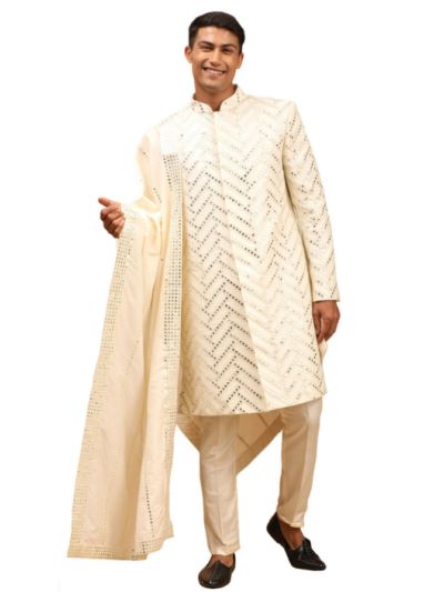 Men's Cream Silk Blend Sherwani Set With Dupatta