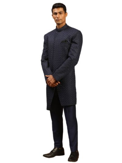 Men's Navy Blue Silk Blend Sherwani Set