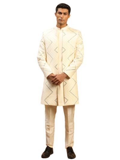 Men's Cream Viscose Sherwani Set