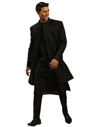 Men's Black Viscose Sherwani Set