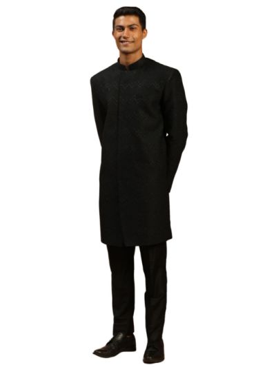 Men's Black Silk Blend Sherwani Set
