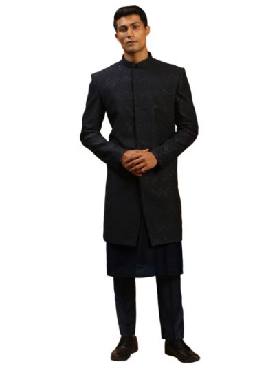 Men's Navy Blue Viscose Sherwani Set