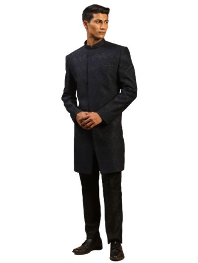 Men's Navy Blue Silk Blend Sherwani Set