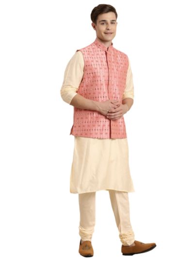 Men's Onion Pink And Cream Viscose Jacket, Kurta and Pyjama Set