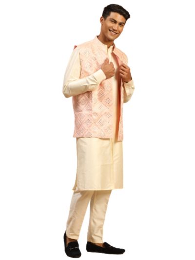 Men's Onion Pink And Cream Viscose Jacket, Kurta and Pyjama Set