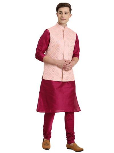 Men's Pink Poly viscose Jacket, Kurta and Pyjama Set