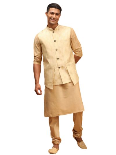 Men's Gold And Rose Gold Viscose Jacket, Kurta and Pyjama Set