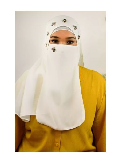 Fathema White Rhinestone Hijab With Matching Naqab